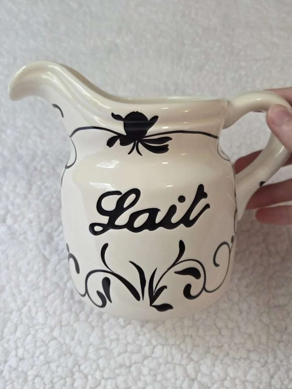 Vintage Ceramic Pitcher Lait Creamer Hand Painted Black Cream Portugal